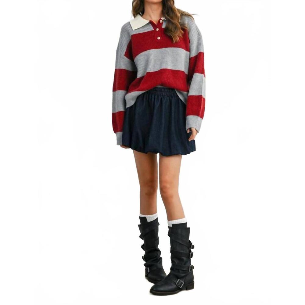 NEW BUTTERMELON buttoned striped collared long sleeve top in grey/burgundy